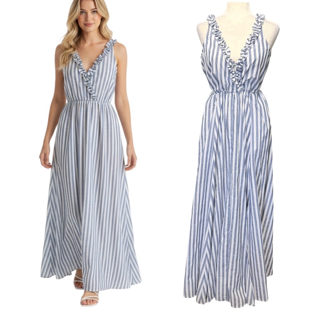 Aakaaβ Womens Maxi Dress Size XS V Neck Flared Flowy Striped Sleeveless Vacation